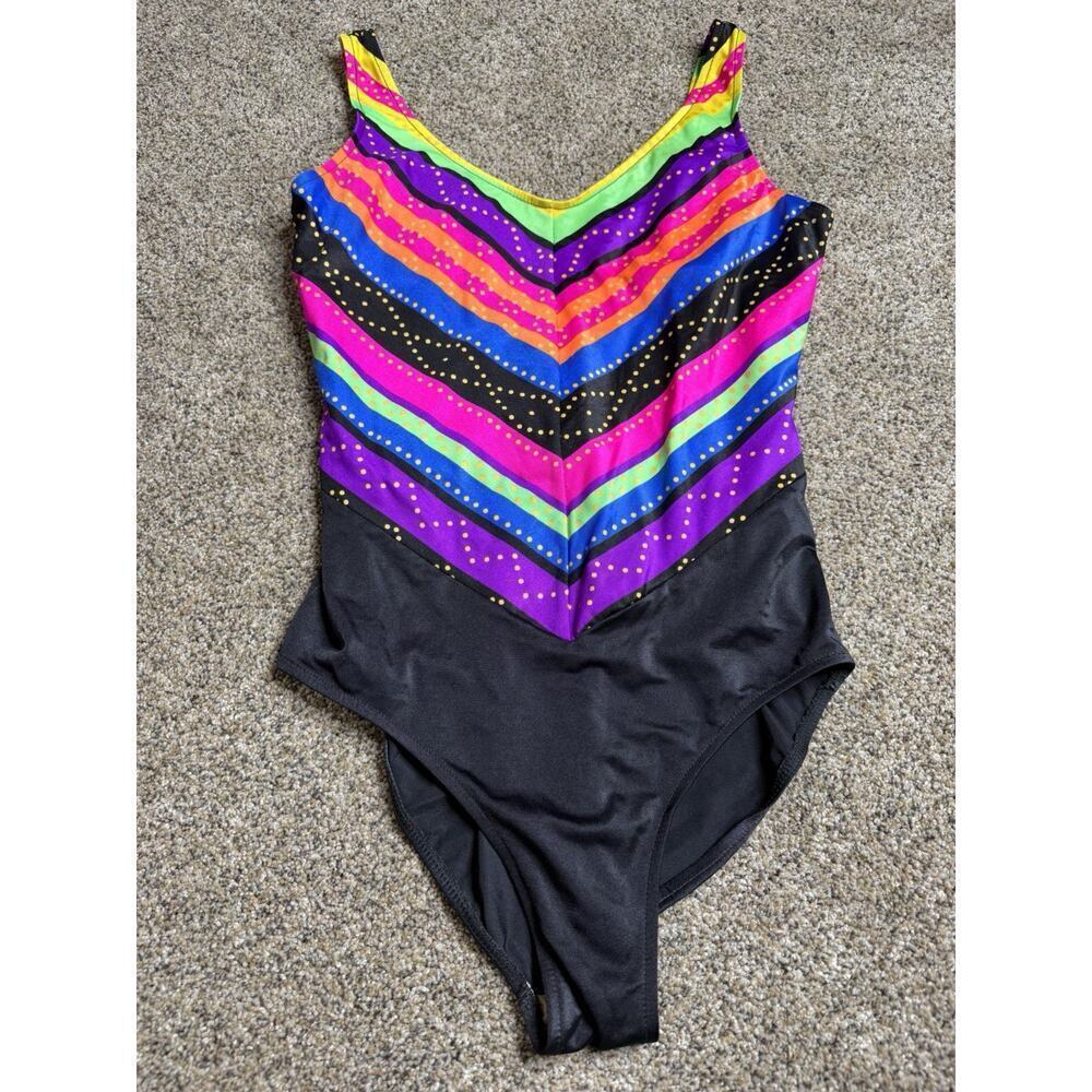Vintage Sun Streak Brightly Colored One Piece Swimsuit Neon 80s 90s Size 16